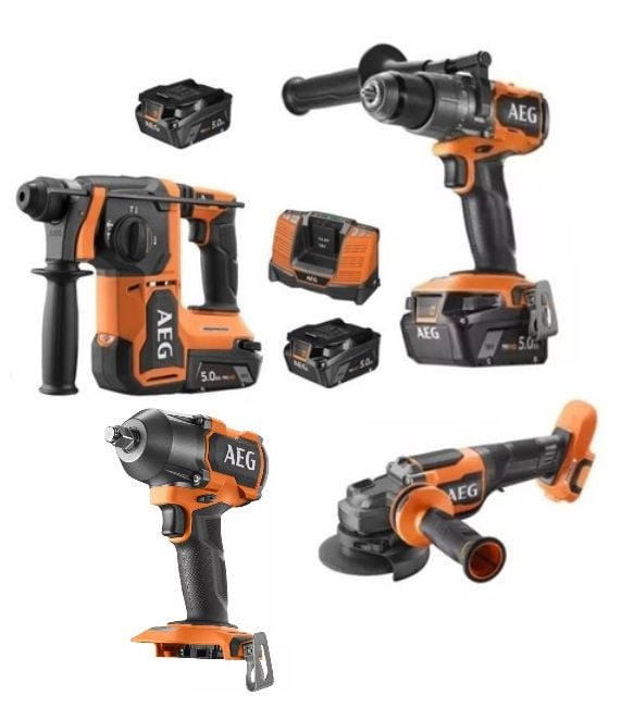 AEG Akülü Dörtlü Montaj Seti 18 V 5.0 Ah ( BBH 18BL2 - BSS 18MTF- BSB 18C3BL -BEWS18-125BLPX2 - L1850SHD*5 )