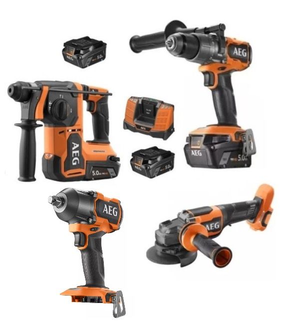 AEG Akülü Dörtlü Montaj Seti 18 V 5.0 Ah ( BBH 18BL2 - BSS 18MTF- BSB 18C3BL -BEWS18-125BLPX2 - L1850SHD*5 )