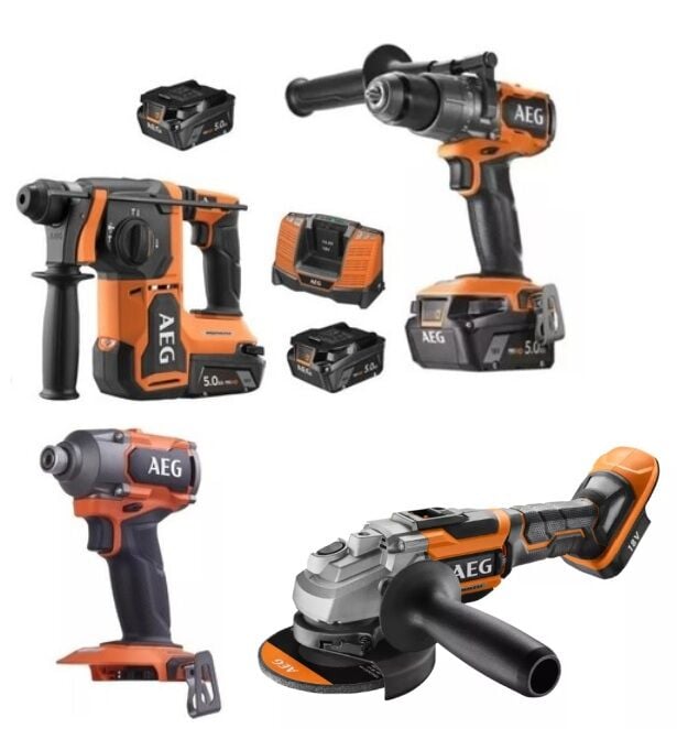 AEG Akülü Dörtlü Montaj Seti 18 V 5.0 Ah KÖMÜRSÜZ (BBH 18BL2 - BSS 18C3B3 - BSB 18C3BL - BEWS18-125BL - L1850SHD*4)