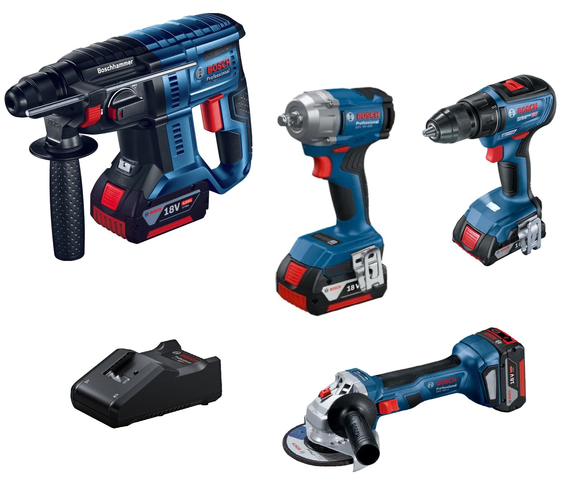 Bosch Dörtlü Montaj Seti ( GWS 18V-8 , GDS18V-350 , GSR 18V-50 , GBH 180-Li + GBA 18 V 4.0 ah  x4 )
